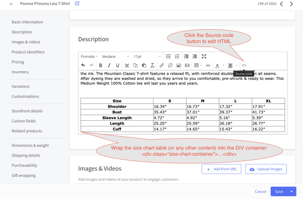 3 Ways to Add a Size Chart to BigCommerce Product Pages 1 Wrap a size chart in to the div