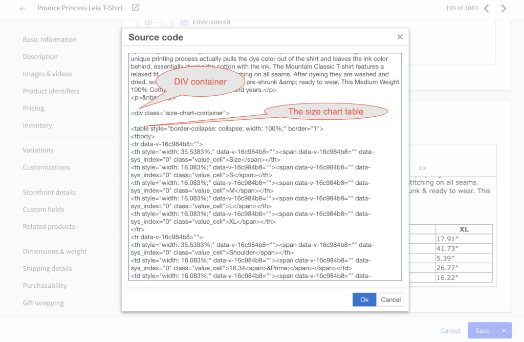 3 Ways to Add a Size Chart to BigCommerce Product Pages 2 Add a size chart table into a div container