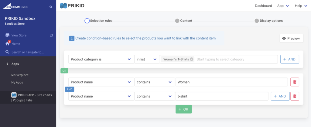 Create product selection rules by defining conditions