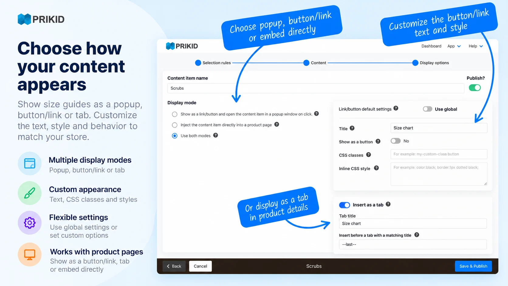 PRIKID.APP Homepage 6 PRIKID display options for BigCommerce size guides, popups, tabs, and inline content
