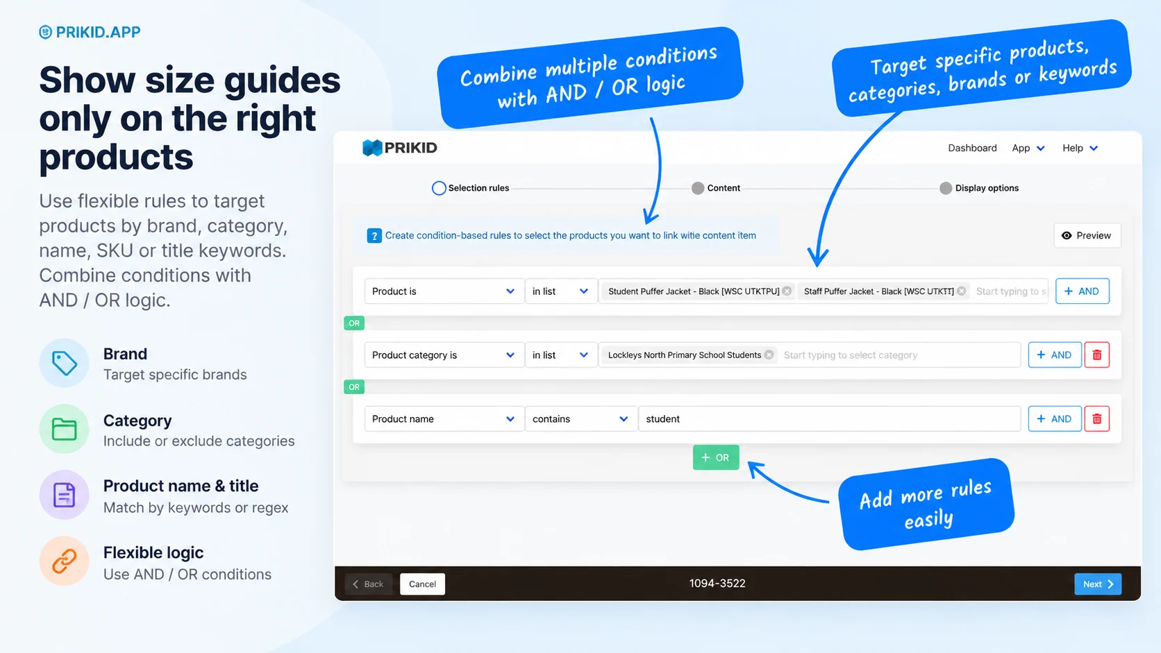PRIKID.APP Homepage 7 PRIKID product targeting rules for automatically assigning size guides