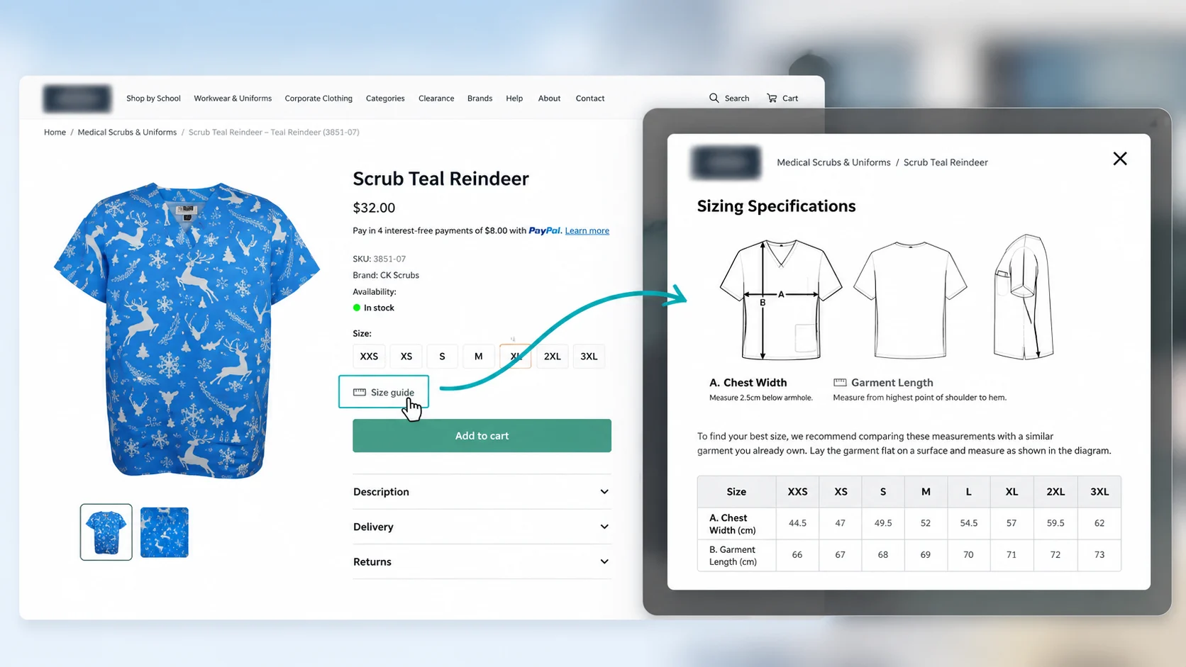 PRIKID.APP Homepage 1 PRIKID size guide displayed on a BigCommerce product page