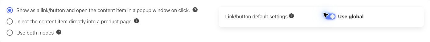 Change Size Chart Link or Button Text and Style 2 Current popup display mode with Use global enabled and per-item styling fields hidden.